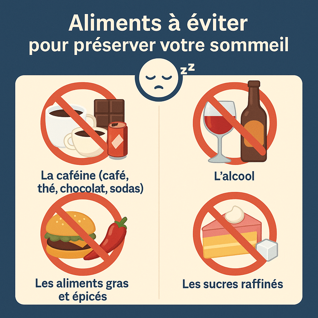 Infographie des 4 aliments à éviter le soir : caféine, alcool, aliments gras et sucres raffinés pour