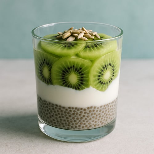 Pudding de graines de chia au yaourt grec avec tranches de kiwi frais et graines de tournesol dans un verre transparent