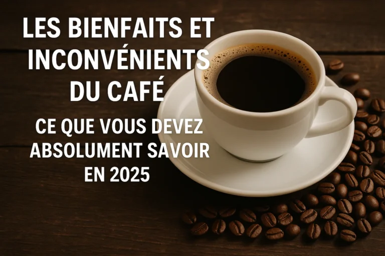Tasse de café chaud entourée de grains de café avec le titre 'Les Bienfaits et Inconvénients du Café en 2025' sur une table en bois