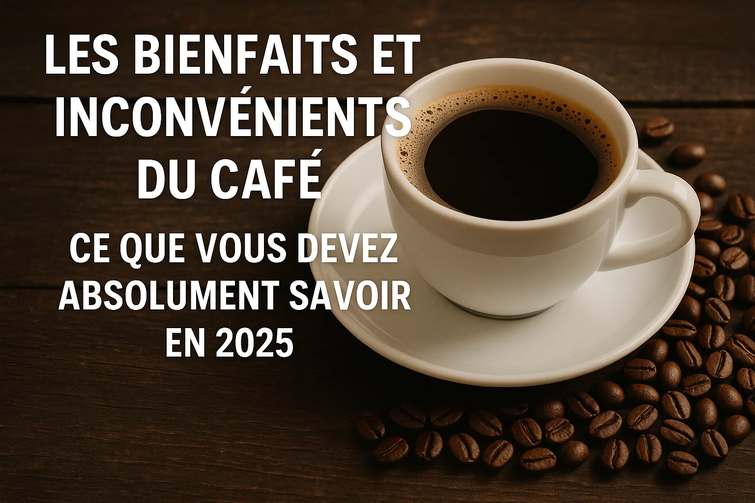 Tasse de café chaud entourée de grains de café avec le titre 'Les Bienfaits et Inconvénients du Café en 2025' sur une table en bois