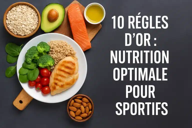 Assiette équilibrée avec poulet, légumes, riz complet, avocat et saumon, illustrant la nutrition idéale pour les sportifs
