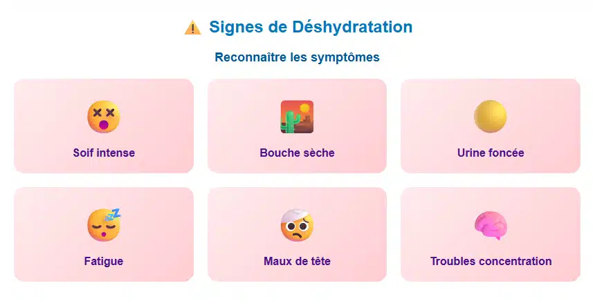 Illustration des signes de déshydratation : soif intense, bouche sèche, urine foncée, fatigue, maux de tête, troubles de la concentration